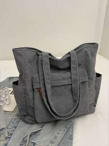 『US-Based Shipping』Simple Solid Color Corduroy Tote Bag For Women, Large Capacity Casual Outdoor Vacation Travel Shoulder Bag, Lightweight Versatile Shopping Groceries Storage Handbag, Portable Multi-Pocket Commuting Bags For Daily Office Work, Large School Tote Bag, Multiple Compartments, Perfect For Beach, School, Work & Daily Use, Literary School Bag & Bookbag For Women Or Students, Vintage Satchel Shopping Bag College Computer Bags Large Capacity, Lightweight, Portable, Suitable For Teen  Perfect For Back To School, New Fall Fashion 2025 For Women,Large Capacity Casual Outdoor Vacation Travel Shoulder Bag, Lightweight Versatile Shopping Groceries Storage Handbag, Portable Multi-Pocket Commuting Bags For Daily Office Work, Large School Tote Bag, Multiple Compartments, Perfect For Beach, School, Work & Daily Use, Literary School Bag & Bookbag For Women Or Students,Bolsos Para Mujer,Tote Bags For Women,Bags For Women,Shoulder Bag,Carteras,Carteras Para Mujer,Bolsas,Designer Handbags - 灰色 - 查看 5