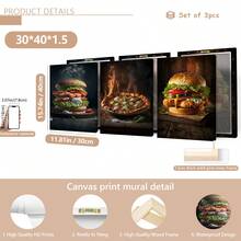 Set de 3 carteles de lienzo creativos sin marco, pintura de hamburguesa y pizza, pintura de lienzo, obra de arte de pared, adecuada para decoración del hogar, decoración de habitación, decoración de dormitorio, decoración de sala de estar, decoración de cocina, decoración de pared, arte de pared opcional con marco