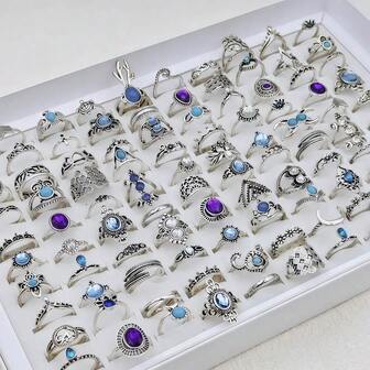 10/20/30 件/批 波西米亚复古优雅迷人女士男士戒指，带水钻几何图案羽毛花朵风格订婚结婚求婚情人节礼物日常佩戴珠宝配饰