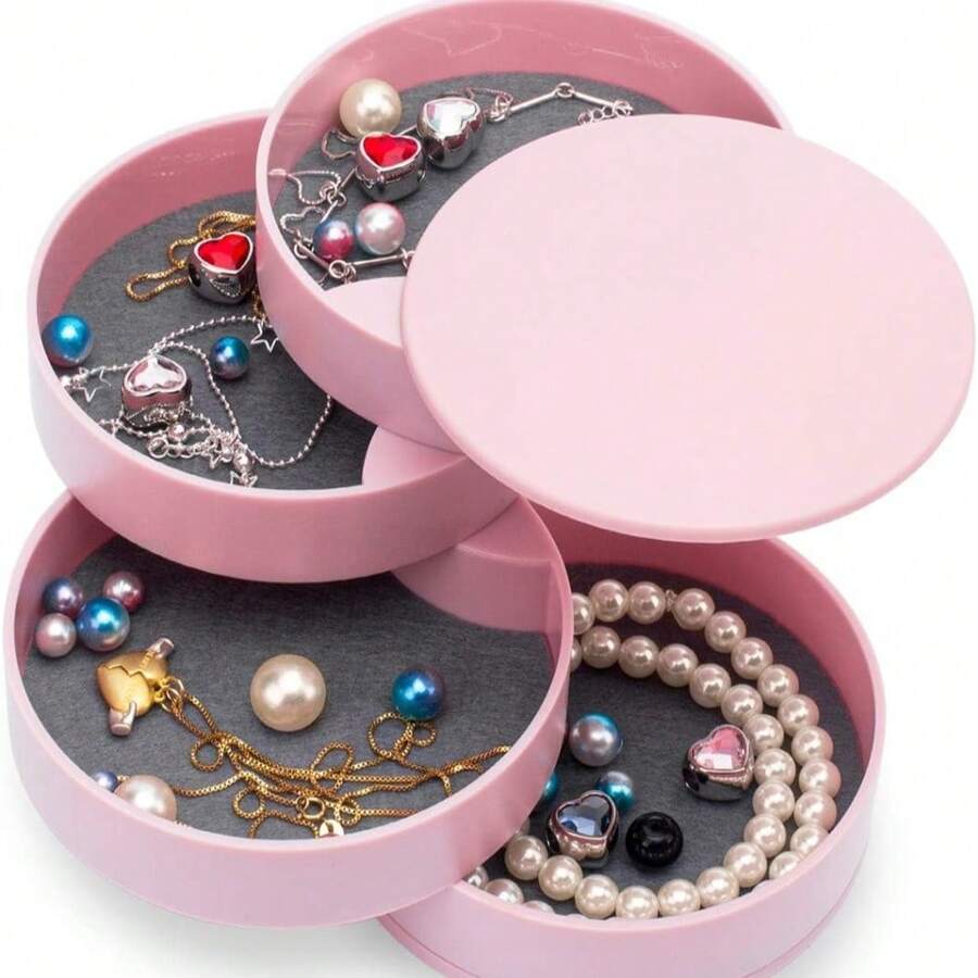 HengLiSam Jewelry Organizer, Small Jewelry Box Earring Holder For Women Gifts For Mom, Jewelry Storage Box 4-Layer Rotatable Jewelry Accessory Storage Tray With Lid For Rings Bracelets - 粉色 - 查看 1