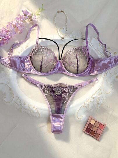 2PCS Women's Embroidered Floral Lingerie Set, Semi Transparent Floral Bra And Thong, Comfortable Home Style Ultra Short Top And Underwear, Christmas And Halloween Holiday Gifts