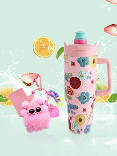 1 pieza Botella de agua de 1200 ml con colgante, botella de agua con cápsulas de aroma, sin azúcar, sabor a fruta, de acero inoxidable y plástico, con fragancia, para beber talla grande agua, con hermosa impresión de flor