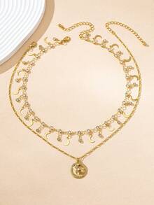 2 件时尚高端重饰月亮和钻石吊坠项链，适合女性日常、派对、情人节、母亲节装扮、礼物、分层佩戴 - 金黃色 - 查看 4