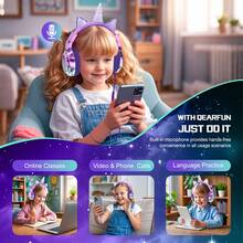 Qearfun Kids Cat Ear/Unicorn Ear Headphones, Wired On-Ear Headphones, 85dB Volume Limited, Foldable, Suitable For School/Travel/Online Classes, Gift For Girls, Purple