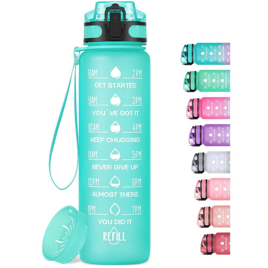 Motivational Water Bottle With Time Marker And Fruit Strainer, Leak-Proof, With Carrying Strap, Perfect For Fitness, Gym And Sports - 綠色 - 查看 1