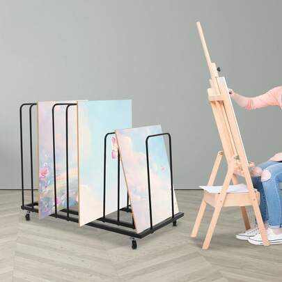 Art Storage Rack With Wheels, Rolling Art Painting Drying Rack 9 Section Metal Storage Stand For Canvas Drawing Boards Panels Prints