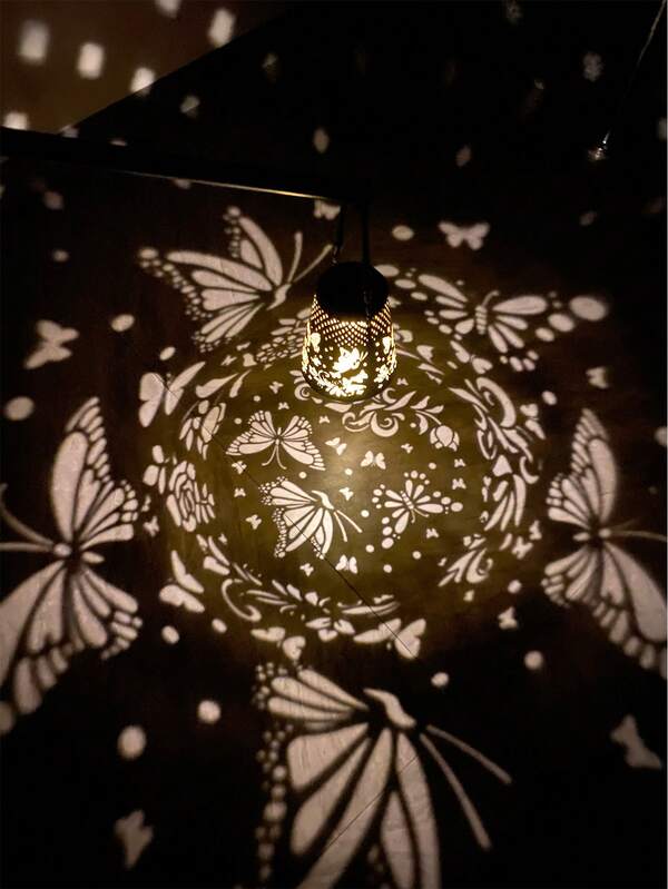 1pc Outdoor Solar Powered Lamp, Iron Hollow Butterfly Pattern Design, Lantern Decor For Yard, Landscape, Walkway, Holiday Gift, Intricate Pattern, Iron Craftsmanship, Lighting Projection Effect, 600mAH Ni-MH Battery, Suitable For Patio & Garden