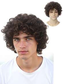 男士短款卷发波波头假发，棕色合成纤维假发，蓬松非洲卷发假发，适合角色扮演、休闲、派对、动漫角色、万圣节服装 - 棕色 - 查看 12
