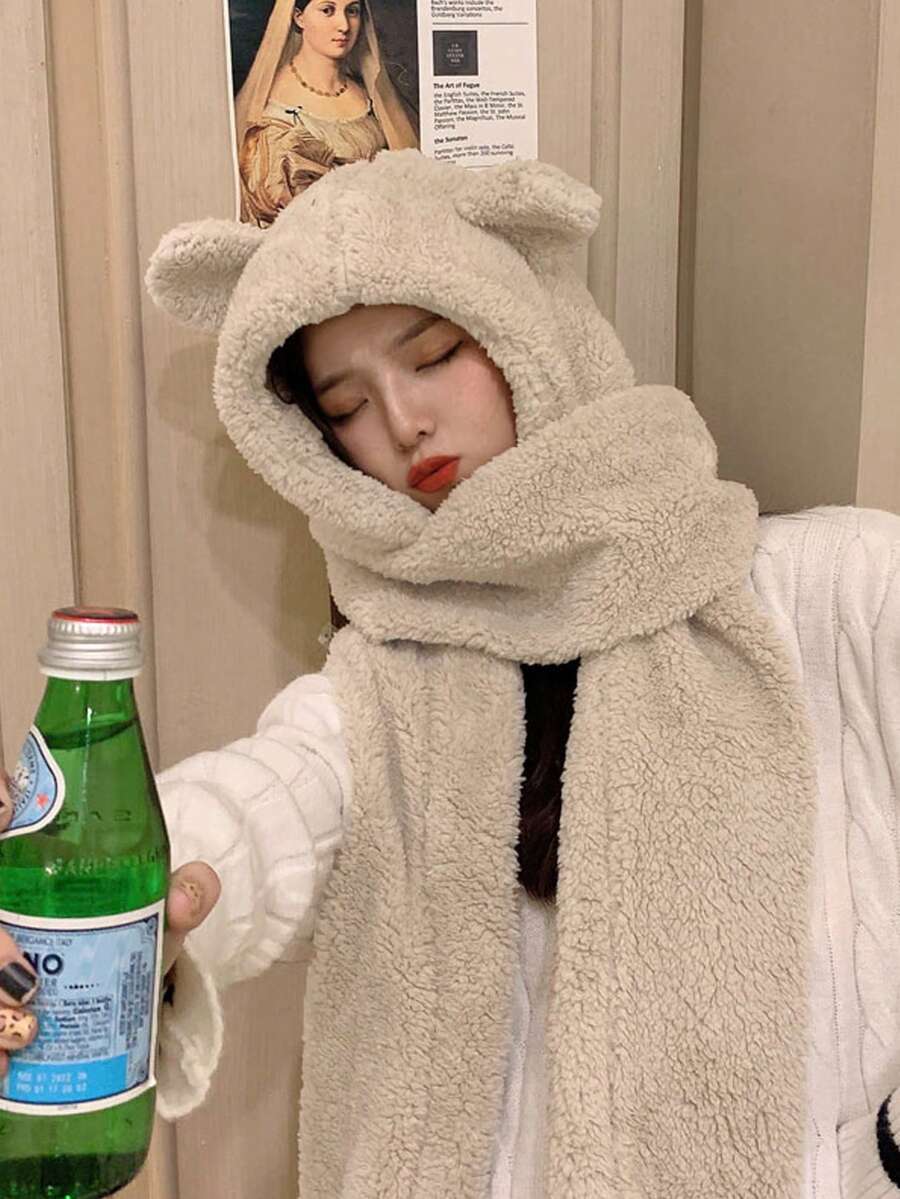 Winter 3pcs/set Women's Cute Bear Hat, Plush Scarf & Gloves Set With Hood Protecting Ears From Wind & Keep Warm