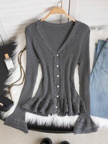 Women's Apricot Versatile Knitted Cardigan With Ruffle Hem, Long Sleeve Fitted V-Neck Sweater, Autumn/Winter