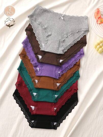 7pcs Women's Sports And Leisure Romantic Ribbed Bow Cotton Panties Underwear Lingerie Sexy ﻿Culotte ﻿Sous Vetment Underwear Pants