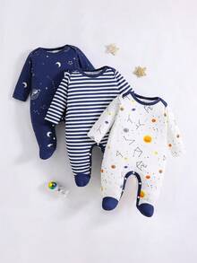 3pcs/Set Cute Cartoon Star & Moon Print Long Sleeve Footed Jumpsuit For Infants, All Season - Multicolor - View 1