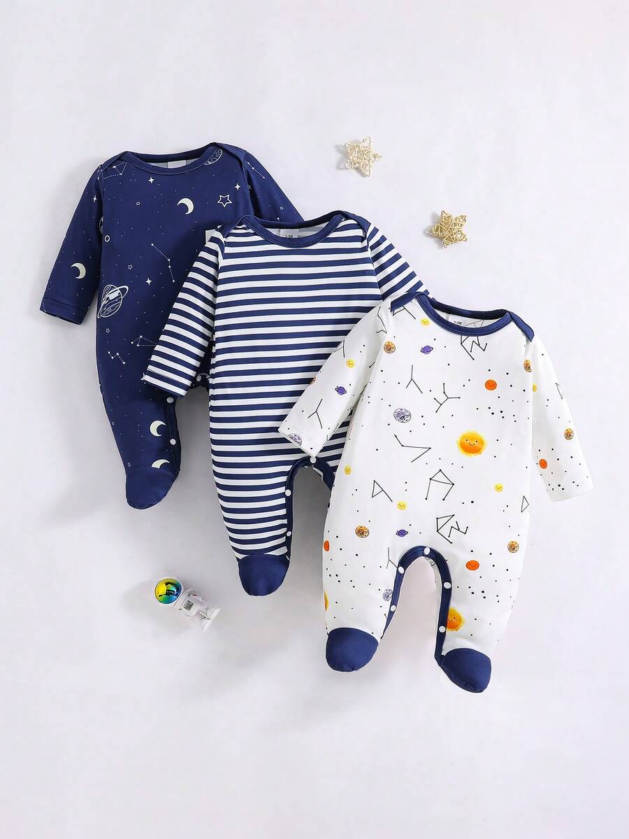 3pcs/Set Cute Cartoon Star & Moon Print Long Sleeve Footed Jumpsuit For Infants, All Season - Multicolor - View 1