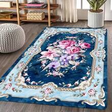 Tapete com estampa floral - estilo boho vintage, azul com flores rosa e brancas, elegante acabamento dourado, poliéster macio, perfeito para decoração moderna de casa, sala de estar ou quarto, tapete de área - Multicolorido - Ver 2