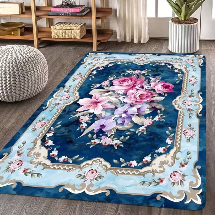Tapete com estampa floral - estilo boho vintage, azul com flores rosa e brancas, elegante acabamento dourado, poliéster macio, perfeito para decoração moderna de casa, sala de estar ou quarto, tapete de área