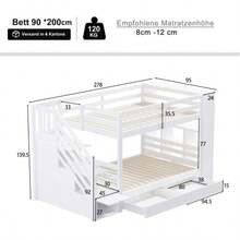 Etagenbett 90 x 200 cm, Sicherheitsleiter mit Staufächern, Stauschubladen und großen Schließfächern, hohe Zaunkonstruktion, Lattenrost, Kiefernbett, Kinderbett, Jugendbett, weiß