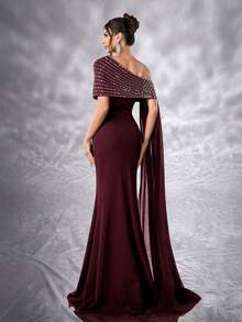 YISIKADO Women Elegant Ball Gown Rhinestone One Shoulder Shawl Sleeveless Formal Evening Dress Mermaid Fishtail Hem Prom Party Dress Elegant Wedding Guest Prom Party Banquet Dinner Graduation Adult Ceremony Celebration Concert Red Carpet Ceremonial Dress - 酒紅色 - 查看 2