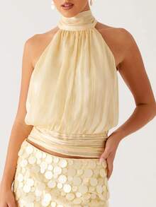 Women's Halter Pleated Chiffon Tank Top Sleeveless Neckline Tie-Up Open Back Tie Casual Blouses 2025 Summer Tops - 黃色 - 查看 1