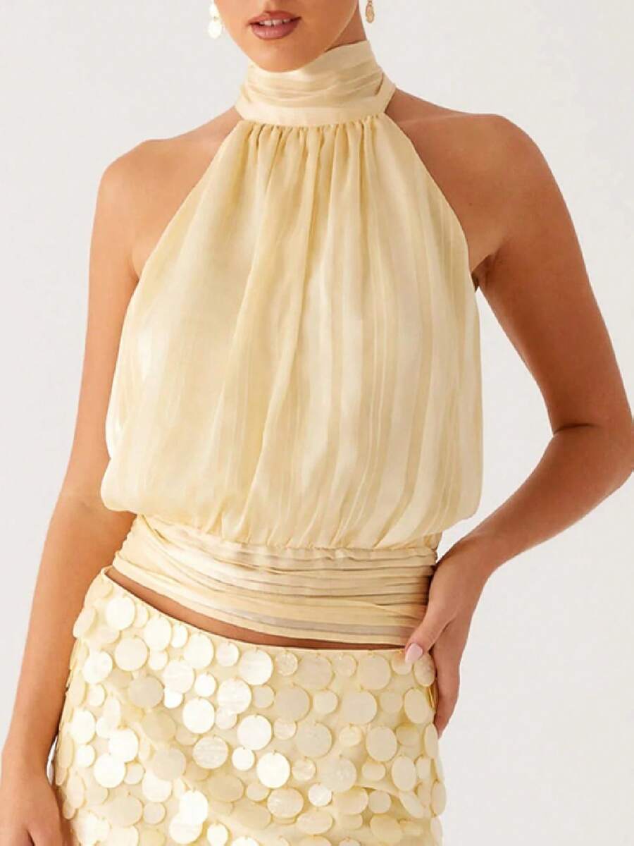Women's Halter Pleated Chiffon Tank Top Sleeveless Neckline Tie-Up Open Back Tie Casual Blouses 2025 Summer Tops - 黃色 - 查看 1