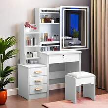 Vanity With Mirror And Chair, 34.8" Elegant White Make Up Vanity Desk With Sliding Mirror With Light& Touch Control 3-Color Adjustable Lights, – Modern Space-Saving Dresser For Bedroom, Birthday Gift, Christmas Gift For Children And Little Girls, Home Furniture - US A Type Plug(110-127V) - View 3