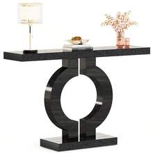 LITTLE TREE 43" Black Modern Mirrored Console Table, Rectangular Entryway Sofa Accent Table With O‑Shaped Glass Base For Hallway & Living Room - Black - View 9