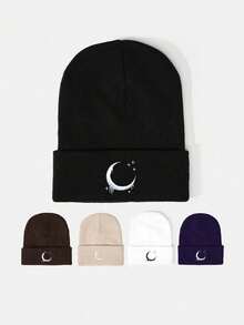 1pc Embroidered Moon Pattern Knit Beanie, Outdoor Cold-Proof Casual Versatile Winter Warm Hat Suitable For Daily Commute Accessories For Winter Mens Winter Clothing