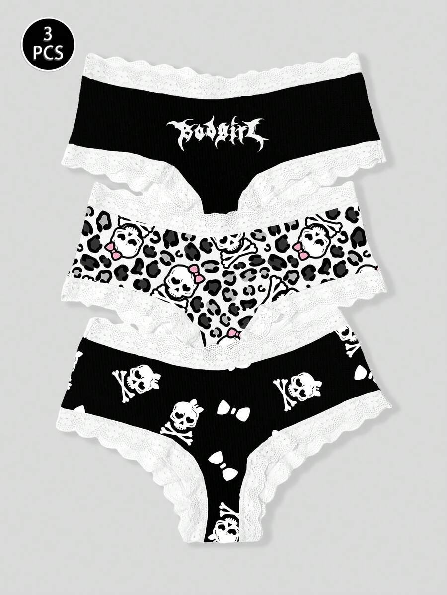 3件套豹纹、骷髅和字母印花蕾丝拼接女士低腰内裤 - 灰色 - 查看 1