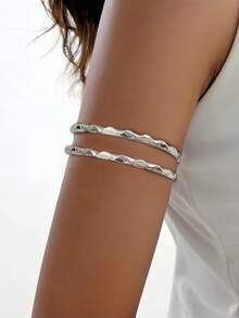 1pc Minimalist Hollow 3-Layer Metal Armlet, Personalized Geometric Punk Opened Adjustable Body Chain Bracelet, Wedding Accessory - Multicolor - View 10