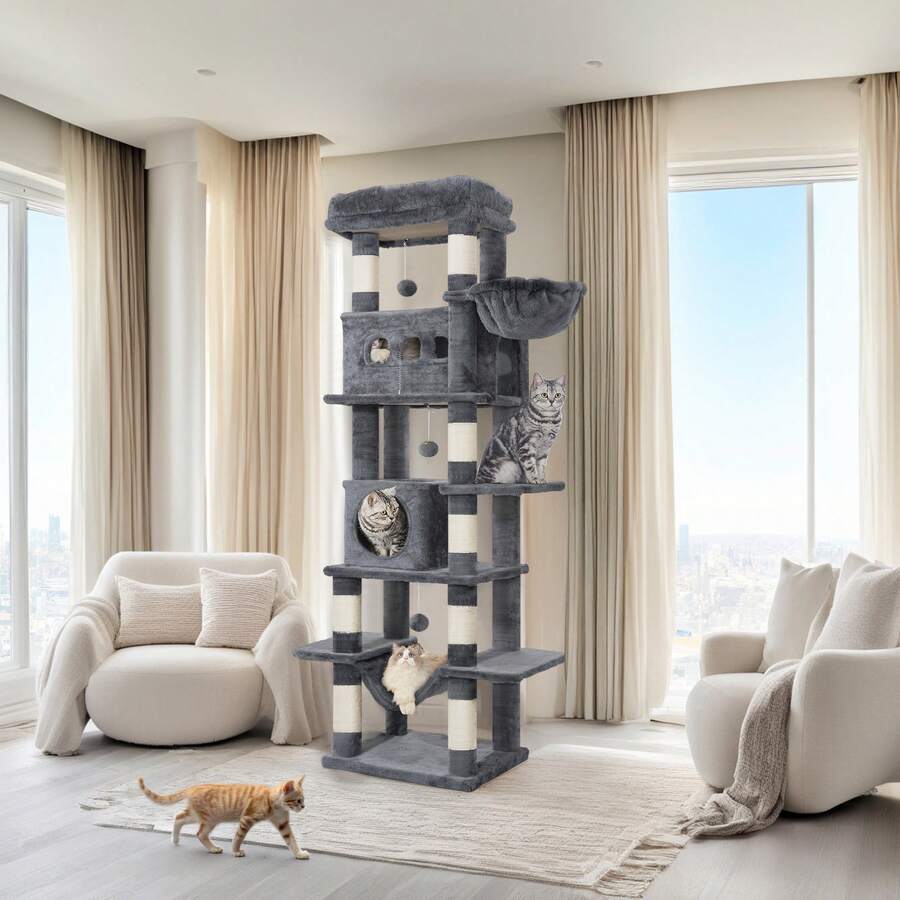 HEXCELEN 82.7-Inch Cat Tree, Large Cat Tower For Indoor Cats, Condo With Perch, Cat House Furniture With 2 Caves, 8 Scratching Posts, Hammock, Pompoms, Washable Cushion, Dark Gray - 深灰色 - 查看 1