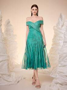 Mgiacy,New Arrival,One-Shoulder, Halter Top, Printed Mesh, Pull TAB, Big Swing, High-End, Evening Dress - Teal Blue - View 3