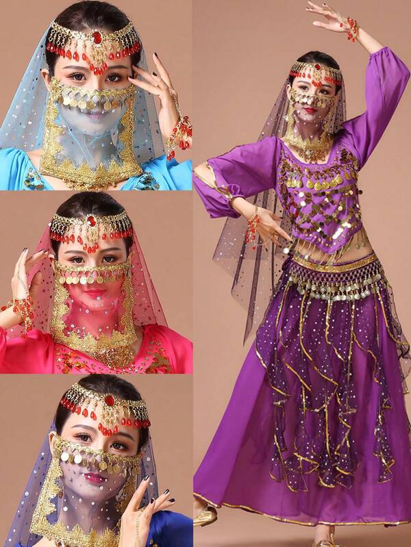 1 Set (Includes Headscarf/Headpiece/Veil) Excluding Other Accessories, Belly Dance Outfit, Belly Dancer Women's Veil & Halloween Costume Accessories, Women's Belly Dance Veil With Sequins, Halloween Costume Accessories, Half Face Veil, Role-Playing Halloween Party Scarf Costume Accessories, Gift, Belly Dance Veil For Girls, Arabian Nights Costume, Belly Dance Costume Accessories, Dance Costume Gold-Edged Veil, Headpiece, Headscarf, Scarf