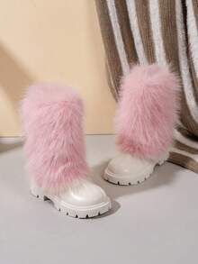 1 双柔软舒适的 PU 皮革及膝靴，适合幼儿女孩/小女孩，毛茸茸的，拉链，圆头，保暖衬里，毛茸茸的饰边，时尚公主雪地靴，适合 3-15 岁女孩，日常穿着，度假，秋冬 - 粉色 - 查看 4
