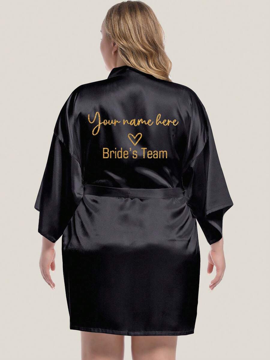 1pc Plus Size Customized Bridesmaid Robe With "Bride's Team" And Glitter Foil Print - Black - View 1