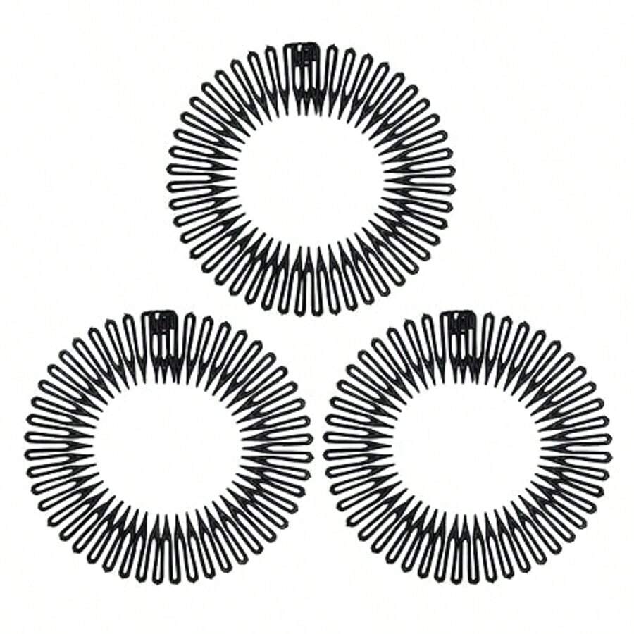 Set de 3 piezas: Diadema elástica circular completa, peine circular de plástico y soporte para diadema, adecuado para mujeres y niñas, kit de peinado, kit de herramientas para el cabello - Negro - Ver 1