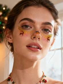 (Set Of 12) Colorful & Adorable Christmas Temporary Face Tattoos, Includes Rainbow Colors, Santa Claus, Reindeer, Sleigh, Stockings, Plants, Bells, Gifts, Snowflakes, Sweet & Cute For Girls, Also Suitable As Christmas Gifts For Friends - Multicolor - View 6