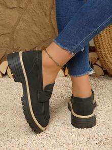 Preppy Style Black Loafers, Fashion Casual Shoes, Comfortable Round Toe Fuchsia Women's Shoes, Thick Sole Slip-On British Style Gray Dress Flats