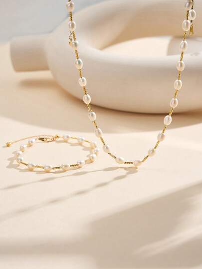 AETOLIA Set di collana e bracciale regolabile con perle | Perle d'acqua dolce naturali da 5-6 mm | Design originale in argento sterling S925 | Minimalista ed elegante | Opzioni di colore platino/oro 14K | Accessori da donna per matrimoni e occasioni speciali