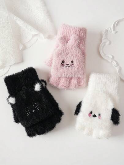 1 Pair Autumn/Winter Unisex Faux Fur Flip-Top Gloves, Cartoon Animal Design, Thick & Warm, Suitable For Riding, Writing, Half-Finger