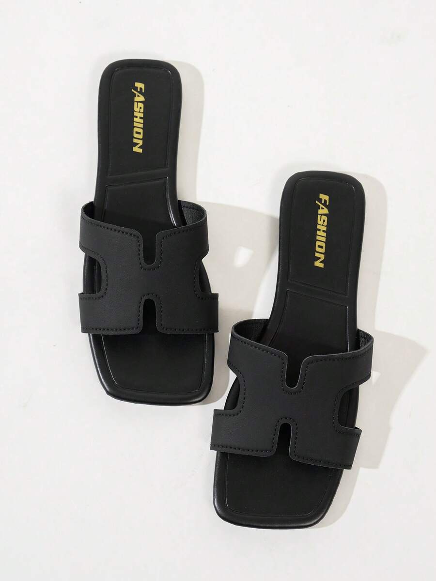 Women's Fashion Flat Square Toe Slip-On Sandals, Versatile For Spring And Summer