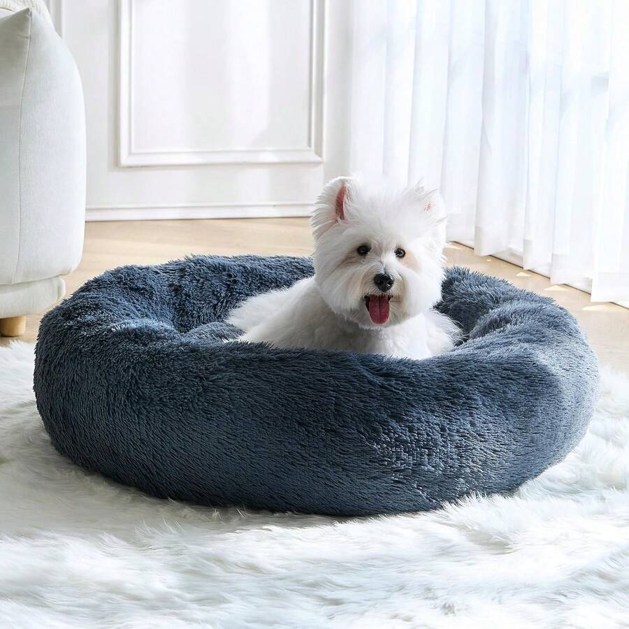 Calming Donut Fluffy Anti-Anxiety Round Washable Cute Plush Cozy Cuddler Warming Soft Comfort Pet Bed For Small To Medium Dogs And Cats, 20-Inch, Light Grey & White - Màu xám đen - Xem 1