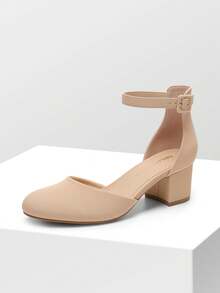 Women's Closed Round Toe Low Block Heels Ankle Strap Chunky Heel Pumps Dress Wedding Office Party Shoes - Apricot - View 4