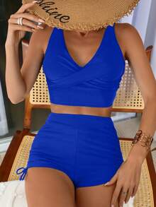 Conjunto De Tankini De Espalda Cruzada Descubierta De Unicolor, Para Playa En Verano,Bikini,Traje De Baño 2 Piezas,Trajes De Baño Mujer Dos Piezas,Trajes De Baño Mujer - Azul - Ver 2