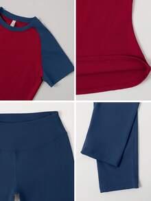 NcmRyu 1 Set Pakaian Olahraga Wanita Kasual Patchwork Warna Kontras dengan Karet Leher Bulat Lengan Pendek dan Celana Panjang untuk Musim Panas - Navy Blue - View 4