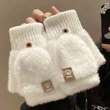 Women's Thick Half Finger Flip-Top Gloves, Cute Winter Cycling Warm Knitted Gloves For Writing And Typing