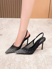 Xin Jing Shoes New Spring/Summer Women's High Heel Sandals, Fashion Versatile Pointed Toe Mesh Rhinestone Wedding Party Hollow Stilettos - Black - View 3