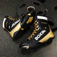 Men's Professional Wrestling Shoes, High-Top Competition Training Shoes, Wrestling Shoes & Fitness Boots, Colorful Patchwork Sports Shoes, Synthetic Leather & Mesh Material, Indoor Fitness Non-Slip Boxing Training Shoes, Suitable For All Seasons, Size: 36-46 - Black Gold - View 2