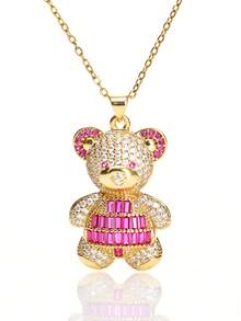 1pc Fashionable Elegant Cute Copper Inlaid Zirconia Bear Pendant Necklace, Jewelry For Women, Suitable For Daily Wear And Party/Holiday Style, Valentine's Day Couple Gift