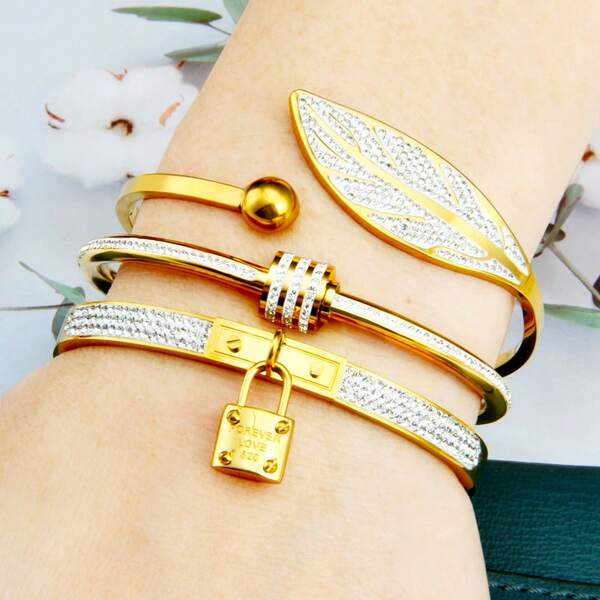 3pcs/1set Women Jewelry Accessories Bracelet Gift, Zirconia Inlaid Leaf & Lock Pendant Stainless Steel Bracelet