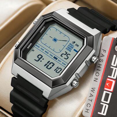 SANDA. SANDA 6307 New Creative Simulated Pointer Square Waterproof Electronic Watch, Luminous Multi-Function Countdown Watch