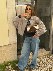 Urban Casual Solid Color Front Zipper Pocket Jacket, Relaxed Long Sleeve Bomber Jacket, Suitable For Spring And Autumn